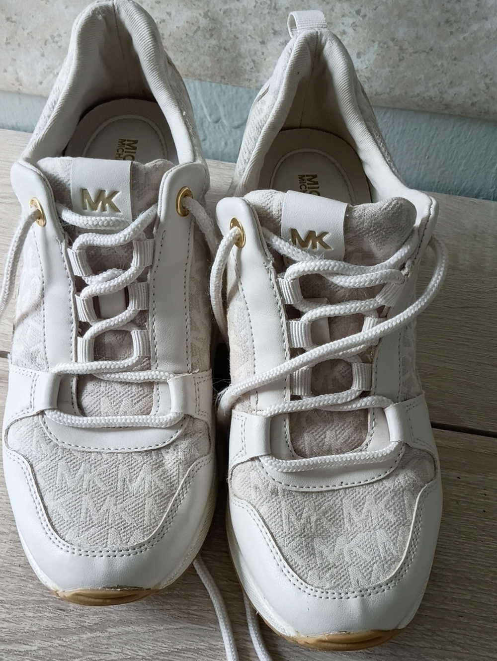 Michael Kors White and Gold Lace-Up Sneakers